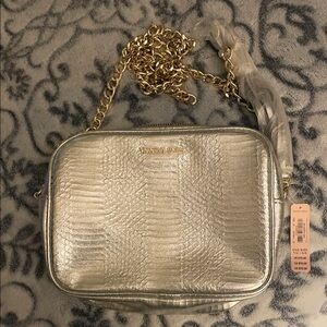 Victoria's Secret Silver Metallic Textured Crossbody with Gold Chain